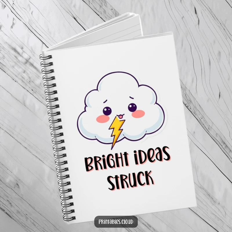 Funny Surprised Cloud Notebook featuring a shocked cloud character receiving a jolt from a giggling lightning bolt, ideal for jotting down surprising ideas.