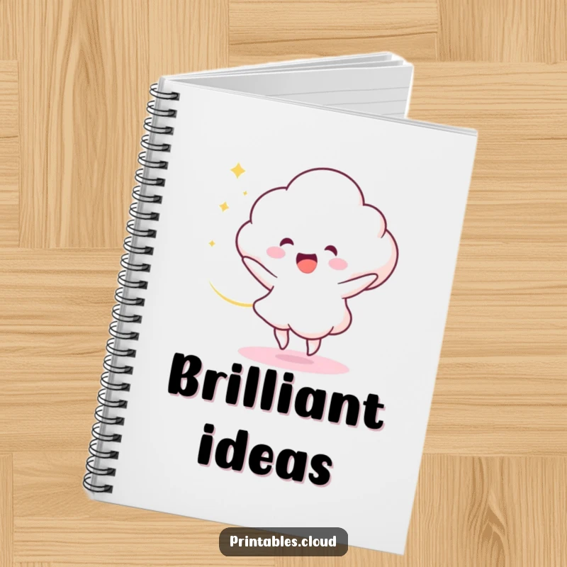 Funny Notebook: A delighted cloud character dances, creating a swirl of light across the pages, perfect for creative writing.