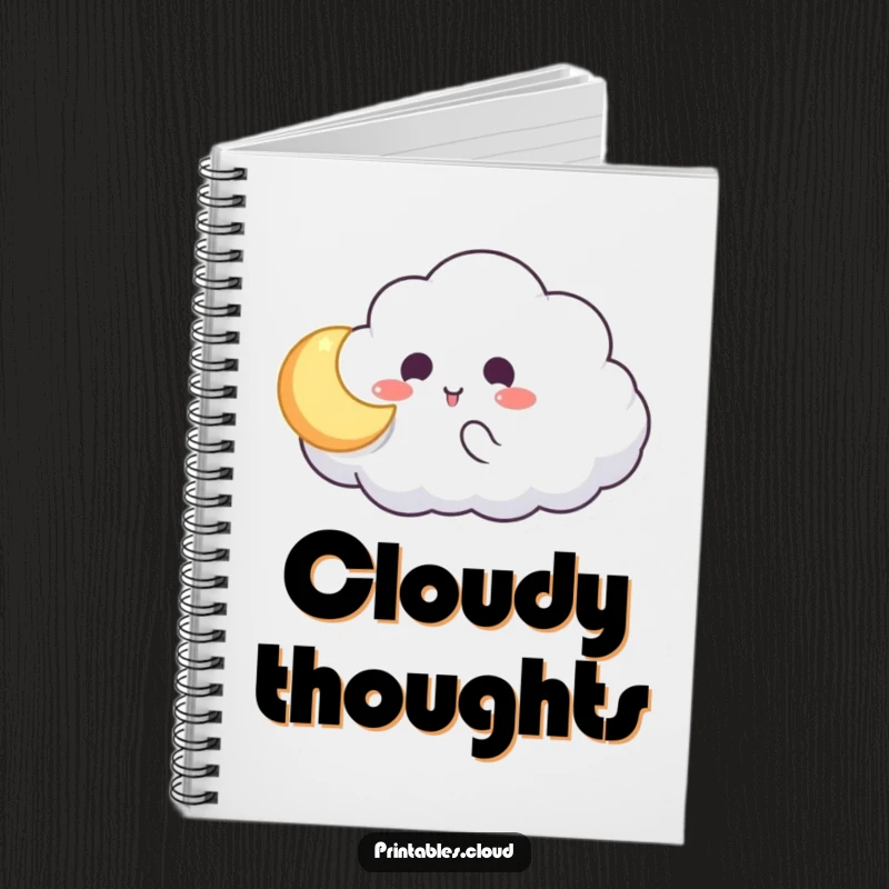 Funny notebook with a cloud character playing catch with a glowing moon, whimsical celestial theme, perfect for journaling and creative notes.