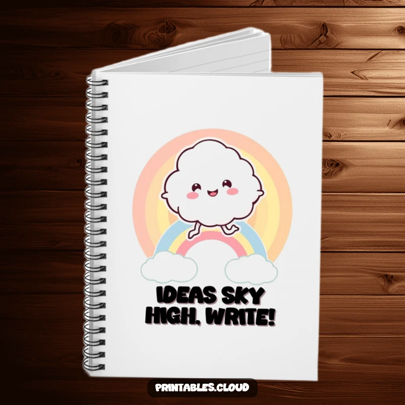 Funny notebook cover with a leggy, joyful cloud character happily bouncing on a colorful rainbow, ideal for creative minds.