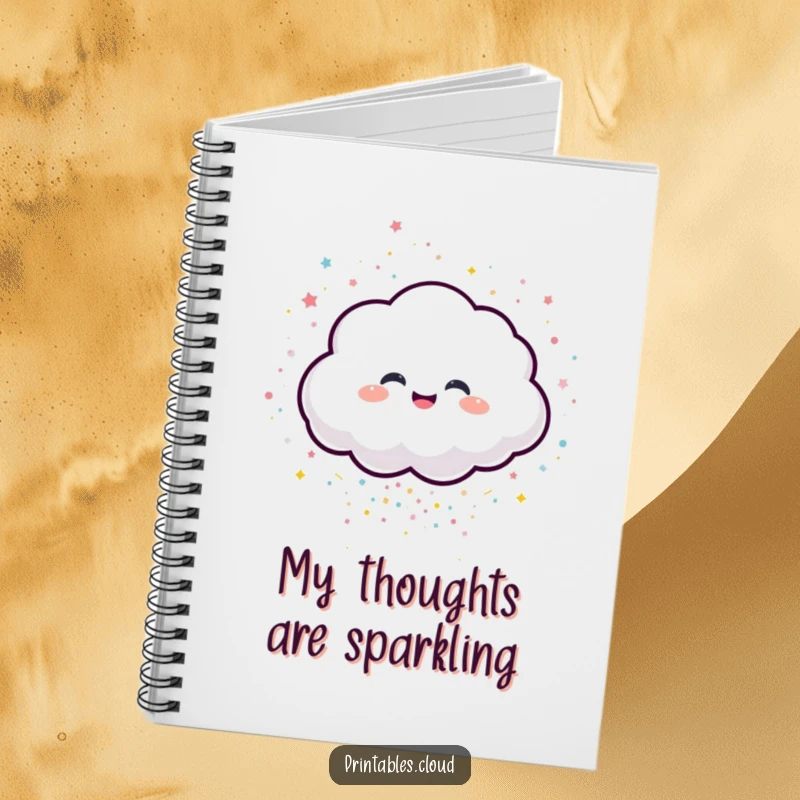 Funny notebook cover with a giggling cloud character spilling a delightful array of sparkling confetti.
