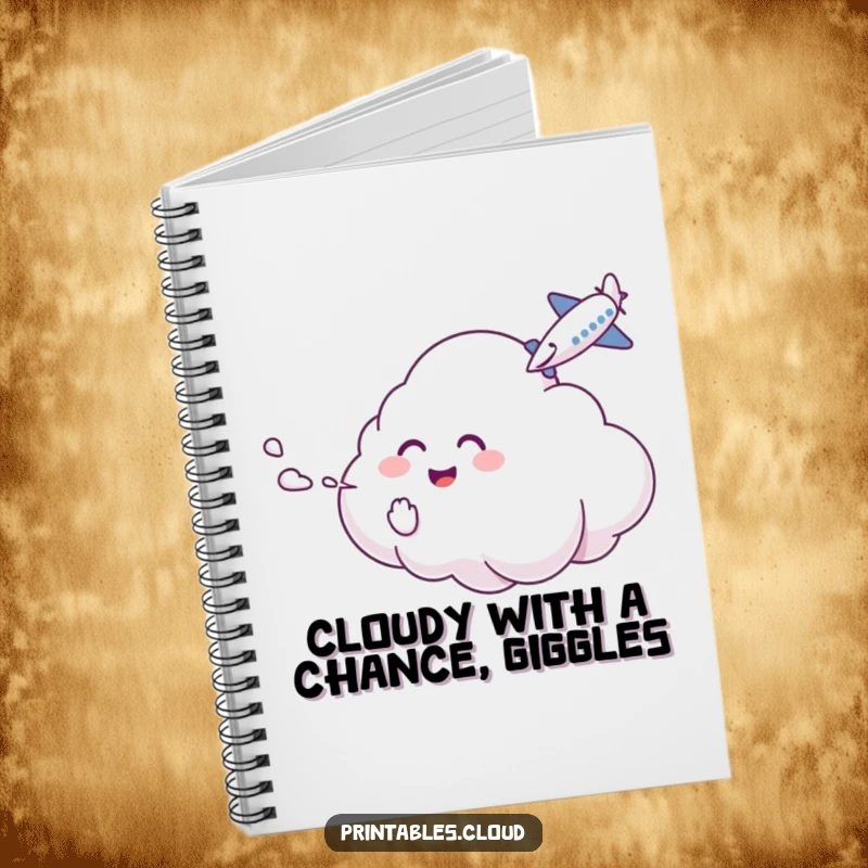Funny Notebook: A giggling cloud character tickles an airplane with mist, perfect for jotting down funny thoughts.