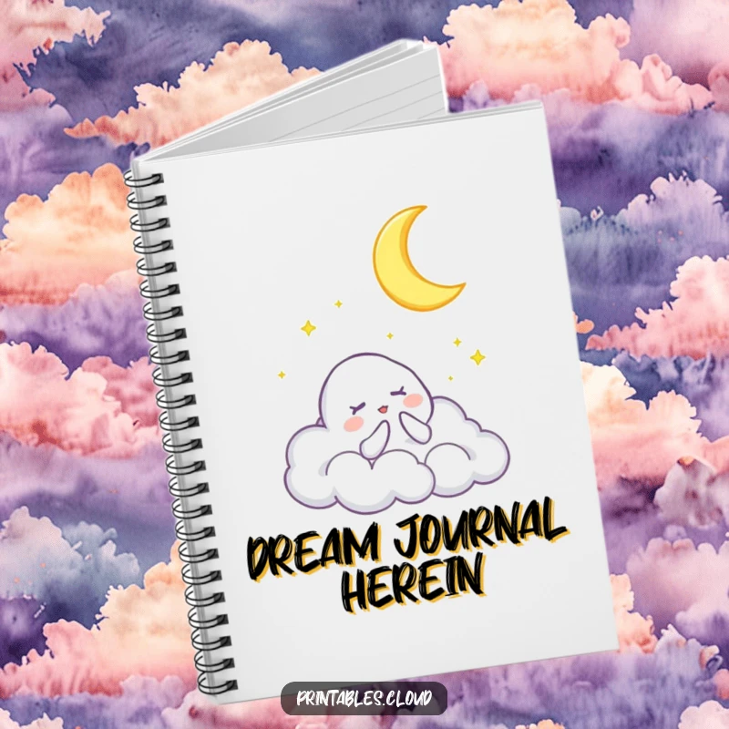 Funny notebook with a cloud character singing a lullaby to a crescent moon, perfect for journaling, writing, and capturing dream-inspired thoughts.