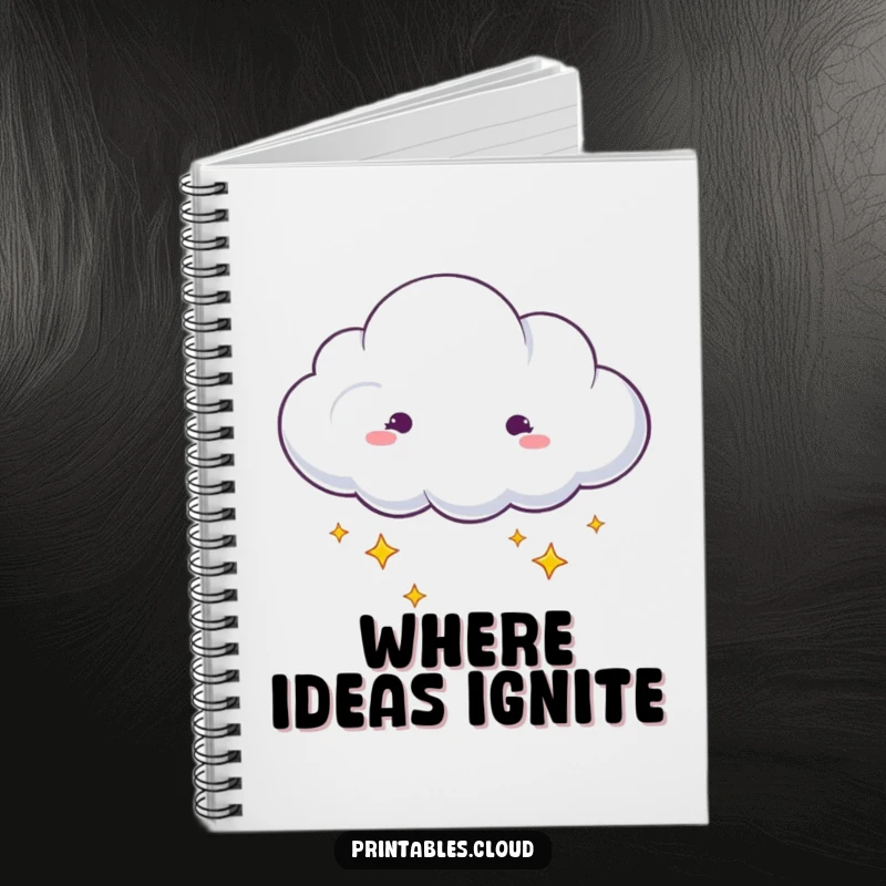 Funny dreaming cloud with stars drifting from edges notebook cover, whimsical design, practical humor, perfect funny gift.