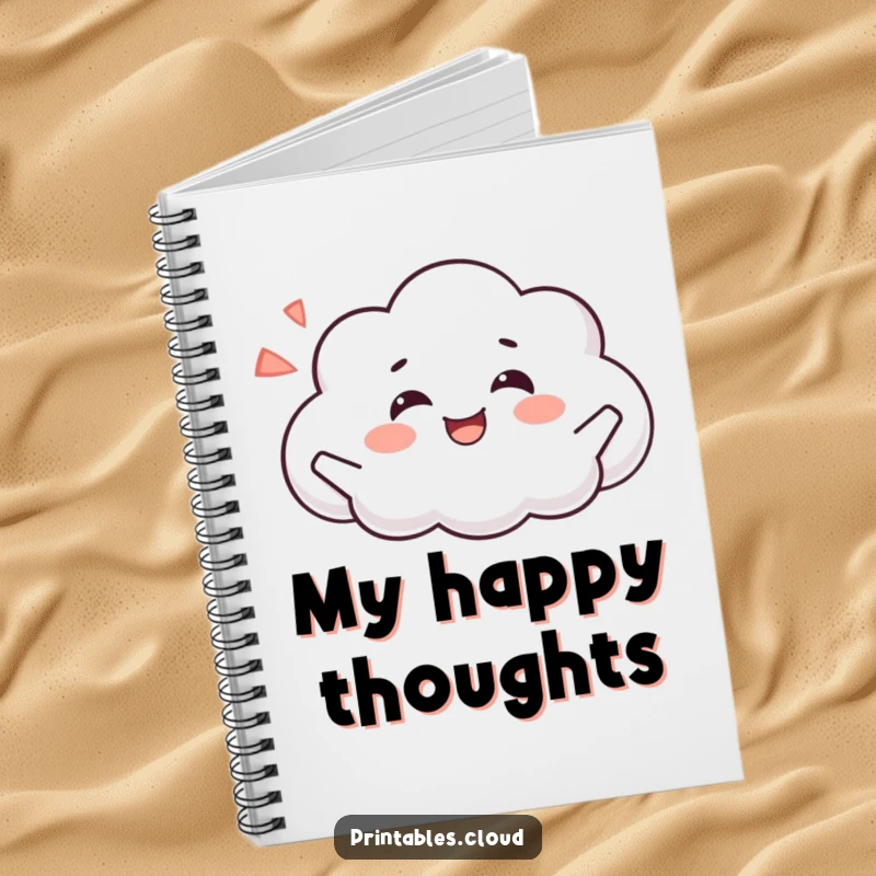 Funny notebook cover featuring a serene cloud character posing joyfully, exhaling a happy sigh, ready for writing.
