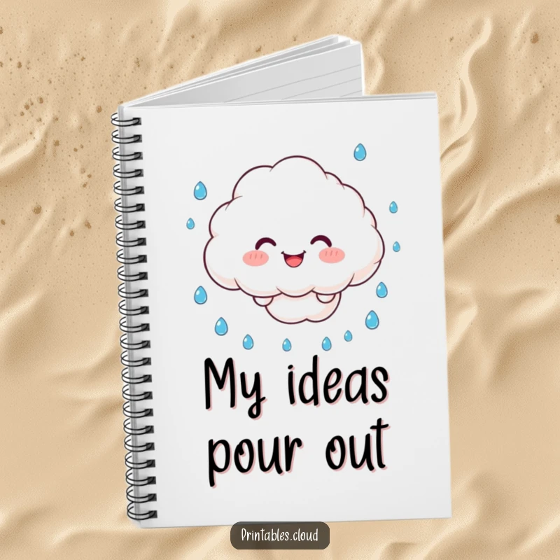 Funny Notebook: A fluffy cloud character juggles raindrops with a smile, perfect for jotting down rainy day ideas.
