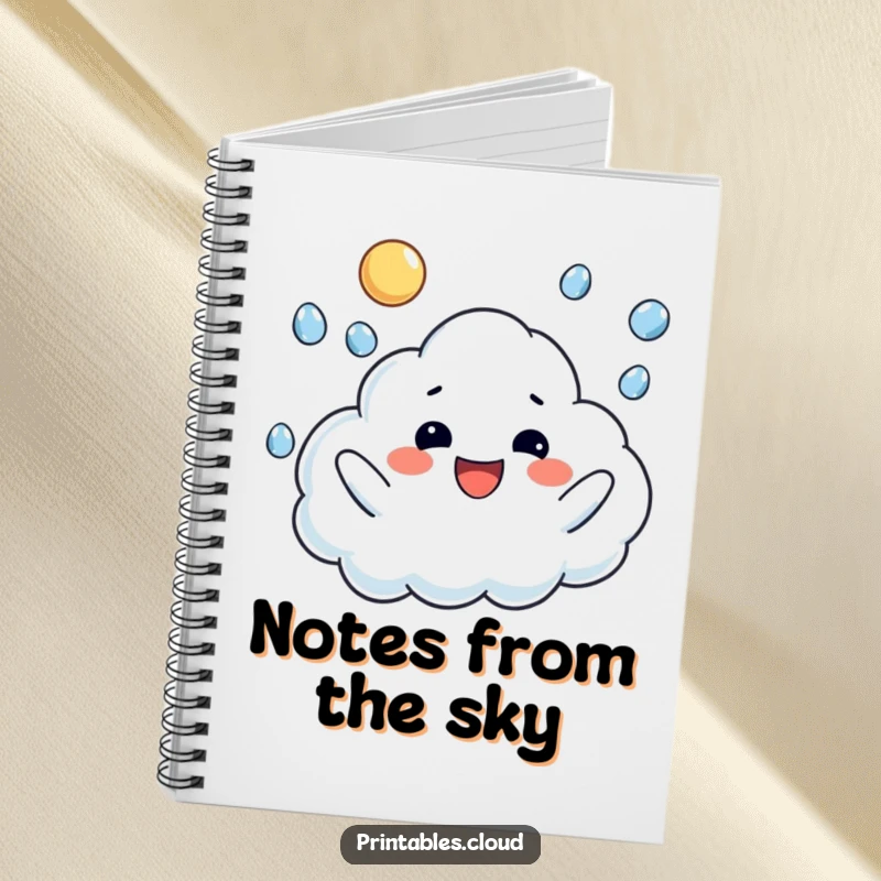 Funny notebook with a happy cloud character juggling raindrops, ideal for capturing cheerful thoughts.