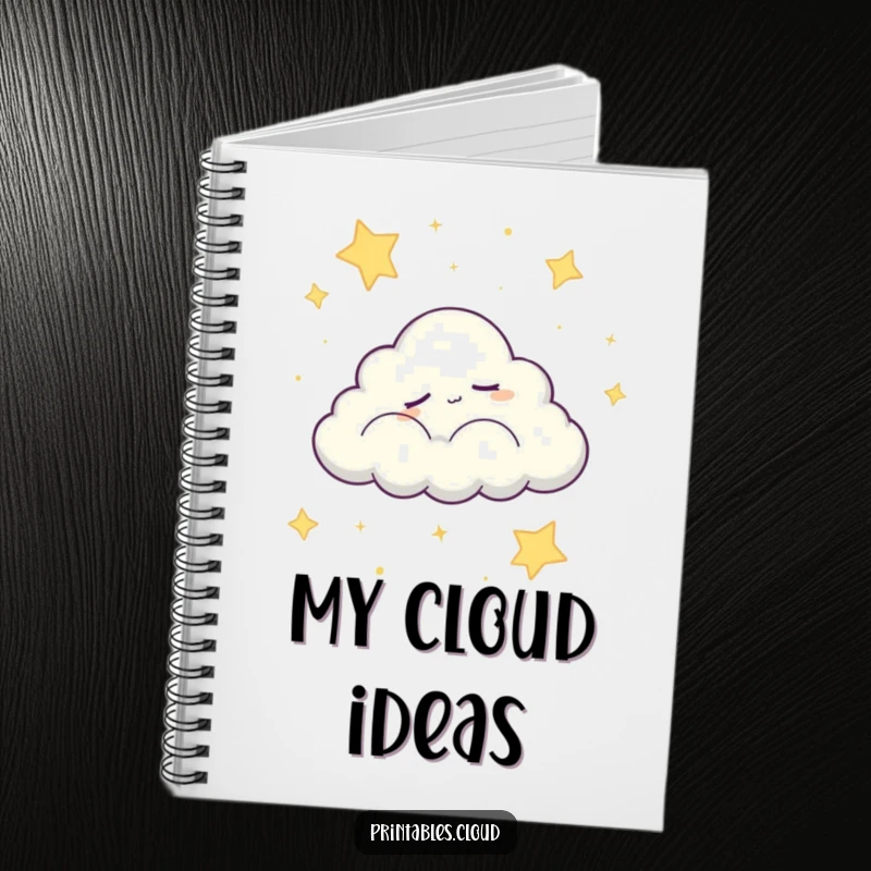Funny notebook cover featuring a sleepy cloud character peacefully drifting across a starry night sky, a humorous depiction of calm creativity.
