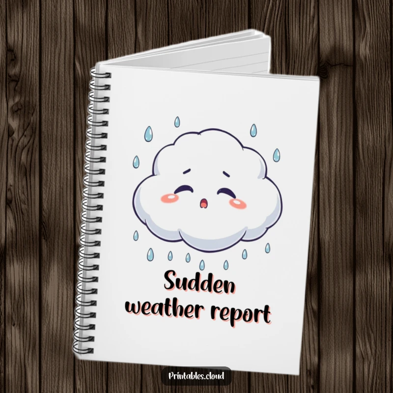 Funny surprised cloud notebook, blinking at falling rain, perfect for jotting down ideas with a humorous touch.
