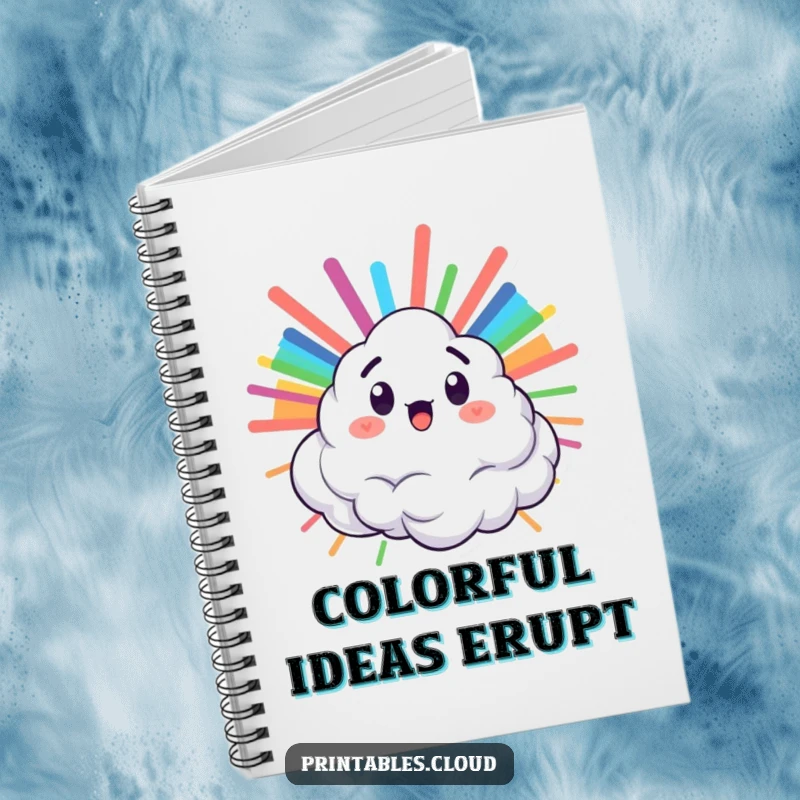 Funny notebook cover featuring a surprised cloud character bursting with a rainbow, ideal for capturing colorful thoughts.