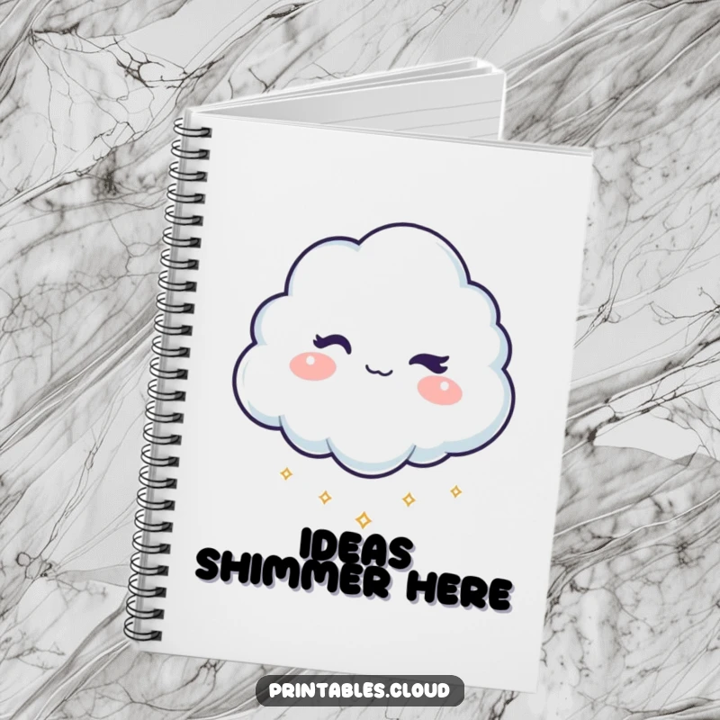Funny notebook featuring a mischievous cloud character winking and dropping tiny, shimmering sparkles, perfect for jotting down creative thoughts.