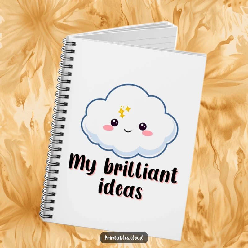 Funny Notebook with a cloud character holding a speech bubble with a bright twinkle, perfect for writing and ideas.