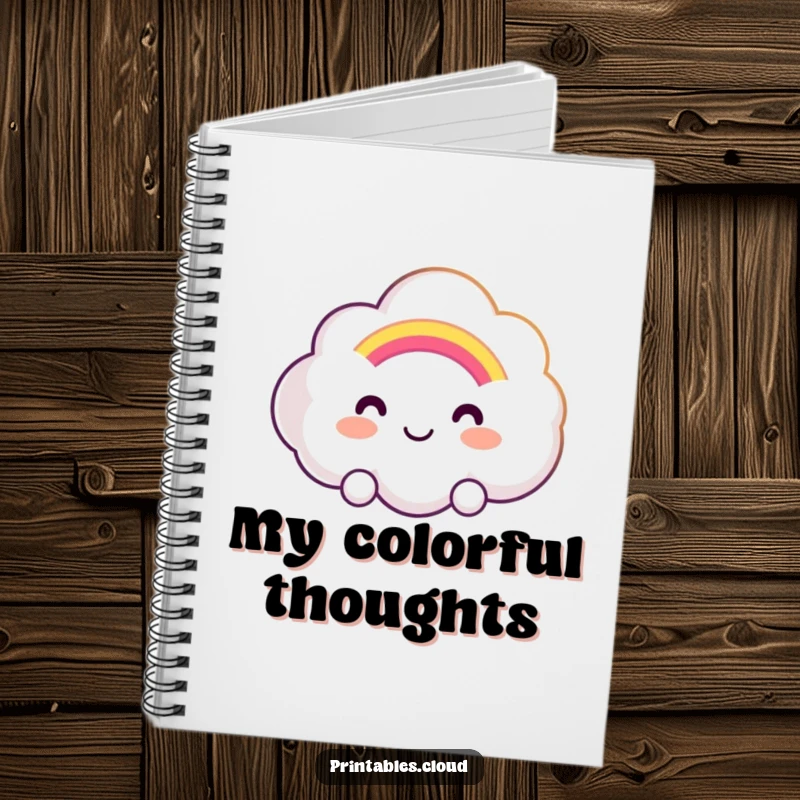 Funny notebook featuring a smiling cloud character offering a soft, glowing rainbow, perfect for jotting down positive and creative thoughts.