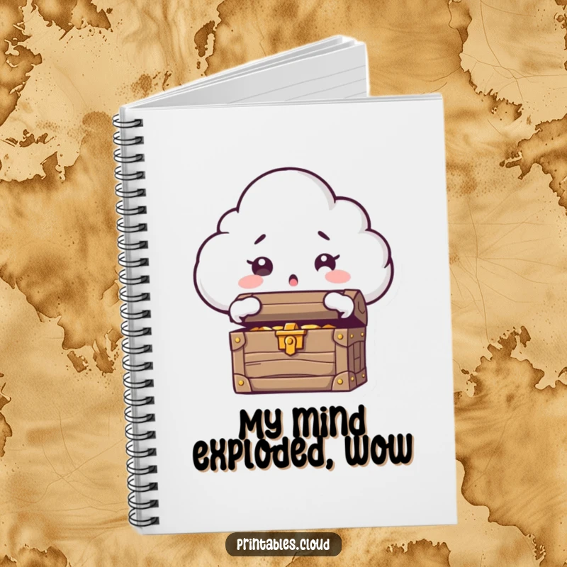 Funny notebook cover with a cloud character, eyes wide with amazement, opening a treasure chest full of potential.