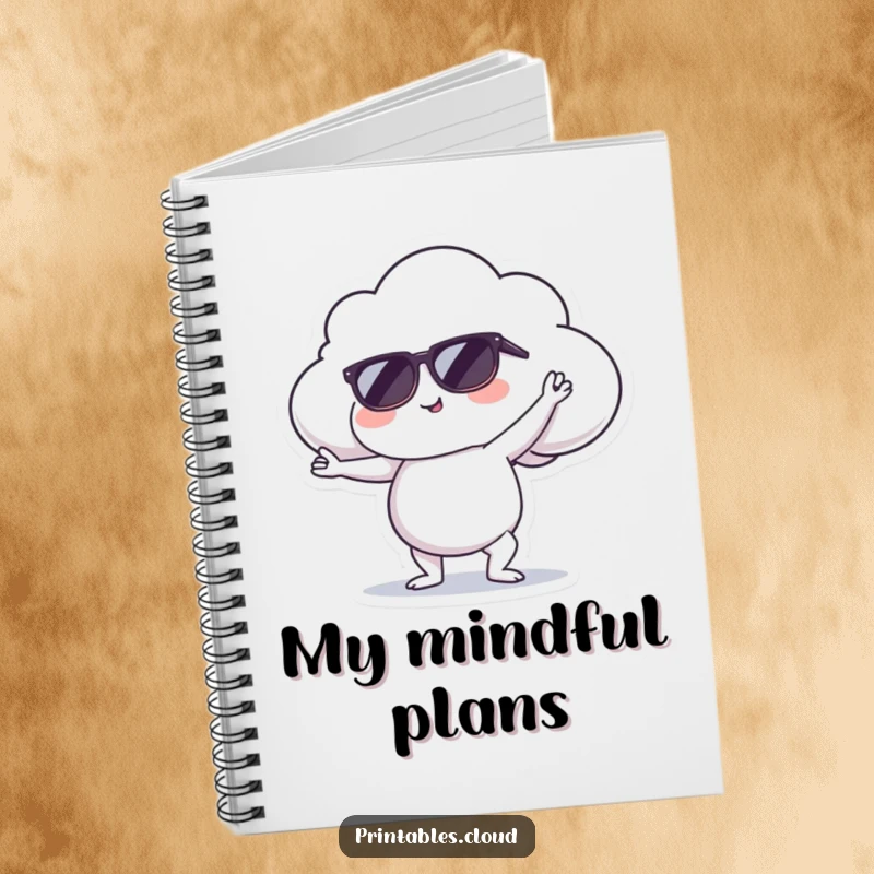 Funny notebook featuring a cool cloud character in sunglasses doing a yoga pose, ideal for journaling and note-taking.