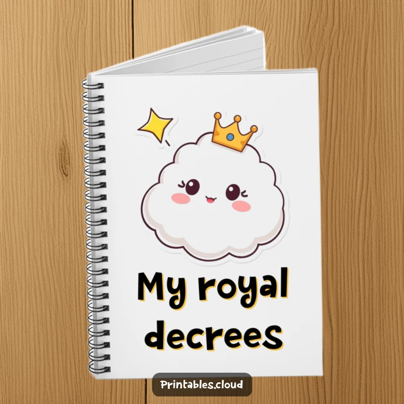 Funny notebook featuring a surprised, crowned cloud character observing a shooting star, ideal for jotting down creative thoughts.
