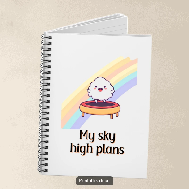 Funny notebook featuring a happy cloud character bouncing on a rainbow trampoline, designed for capturing fun and playful ideas.
