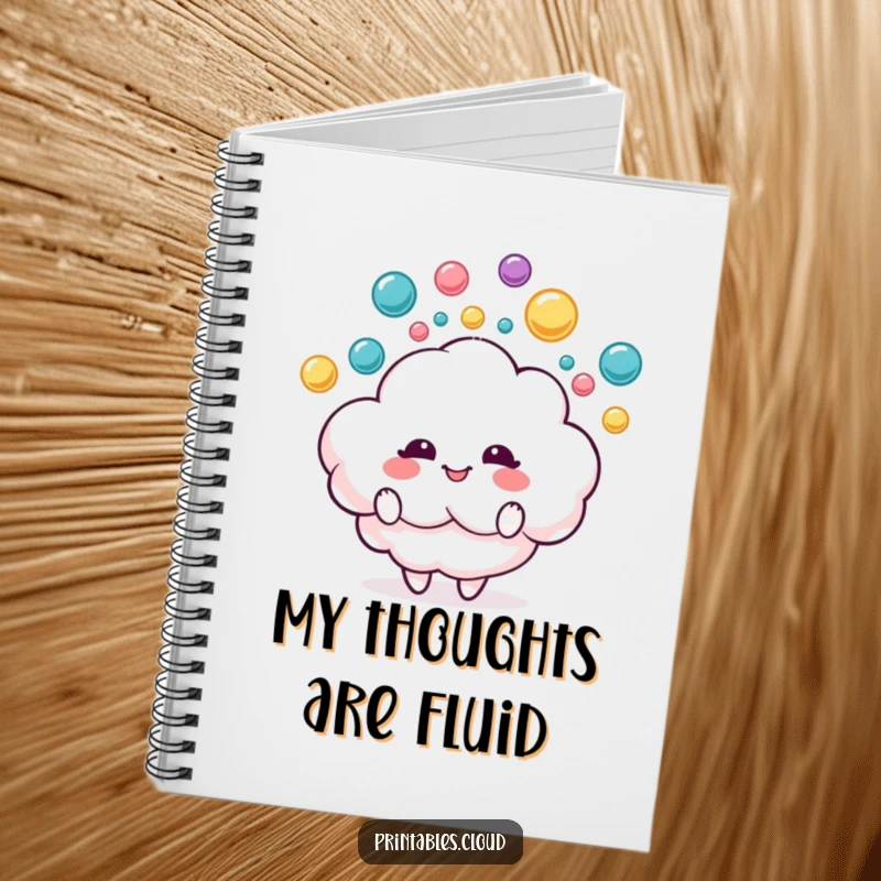 Funny notebook with a delighted fluffy cloud character juggling colorful raindrops, perfect for jotting down joyful ideas.