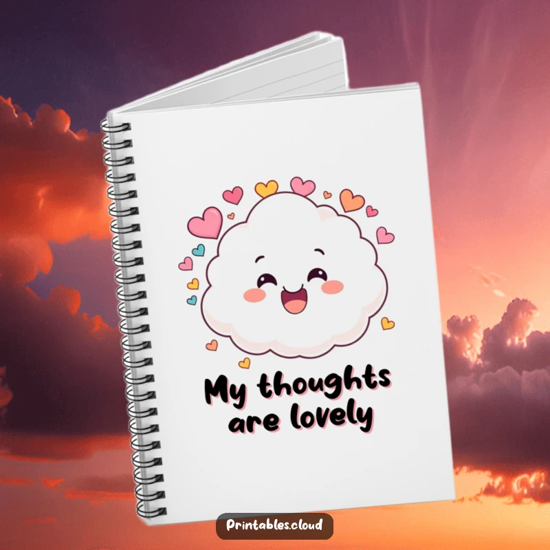 Funny notebook with a wide-grinning fluffy cloud character playfully raining colorful heart shapes on the cover.