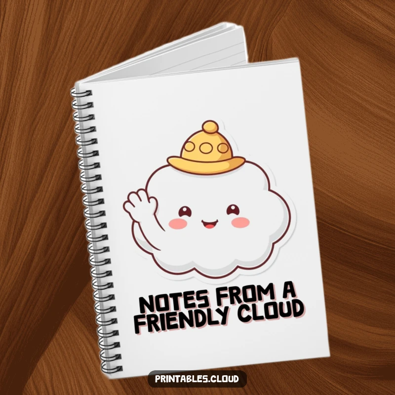 Funny notebook cover with a cloud character wearing a tiny hat, waving a warm and friendly hello.
