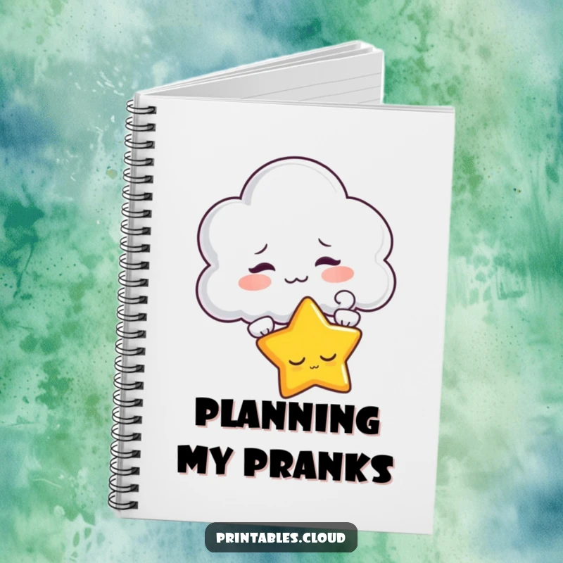Funny notebook with a mischievous cloud character teasing a sleepy star, perfect for capturing thoughts with playful amusement.