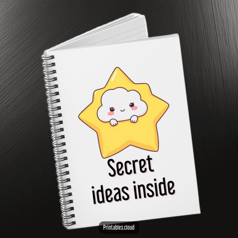 Funny notebook with a shy cloud character peeking from behind a star, ideal for journaling, note-taking, and doodling.