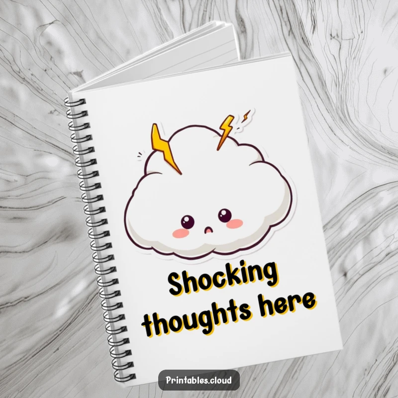 Funny notebook with a shocked cloud character with lightning bolts, ideal for capturing surprising thoughts.