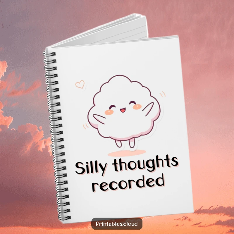 Funny notebook with a cloud character doing a silly dance in a gentle breeze, perfect for jotting down ideas and creative inspiration.