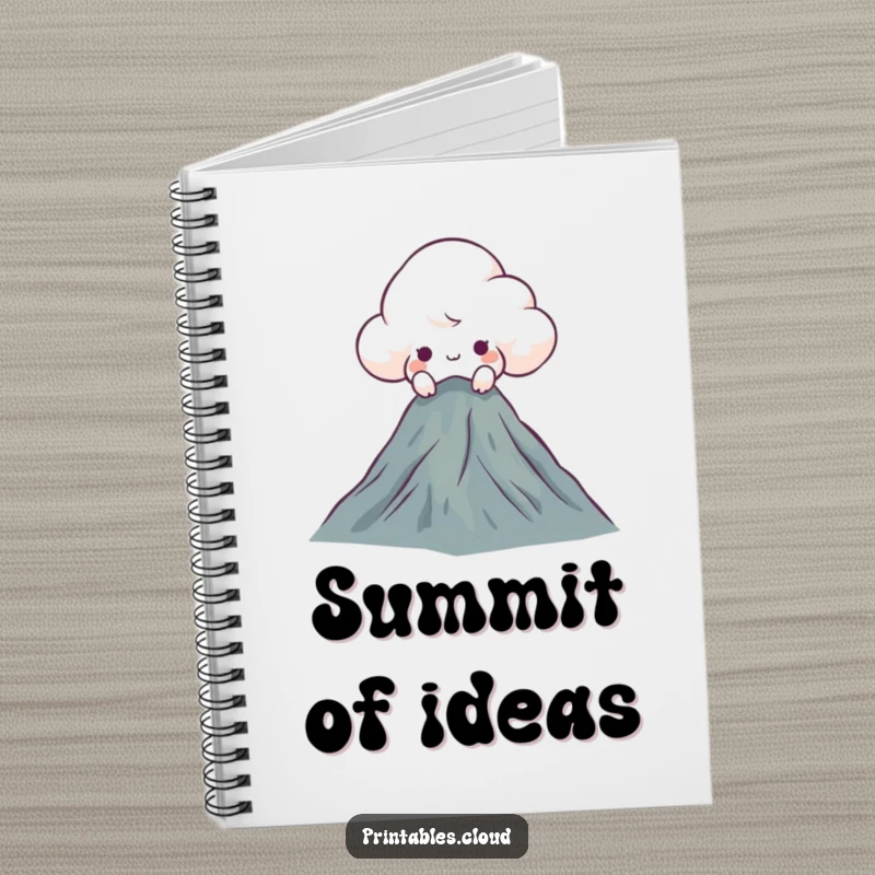 Funny curious cloud notebook, peeking over a mountain, perfect for documenting ideas with a humorous, adventurous touch.