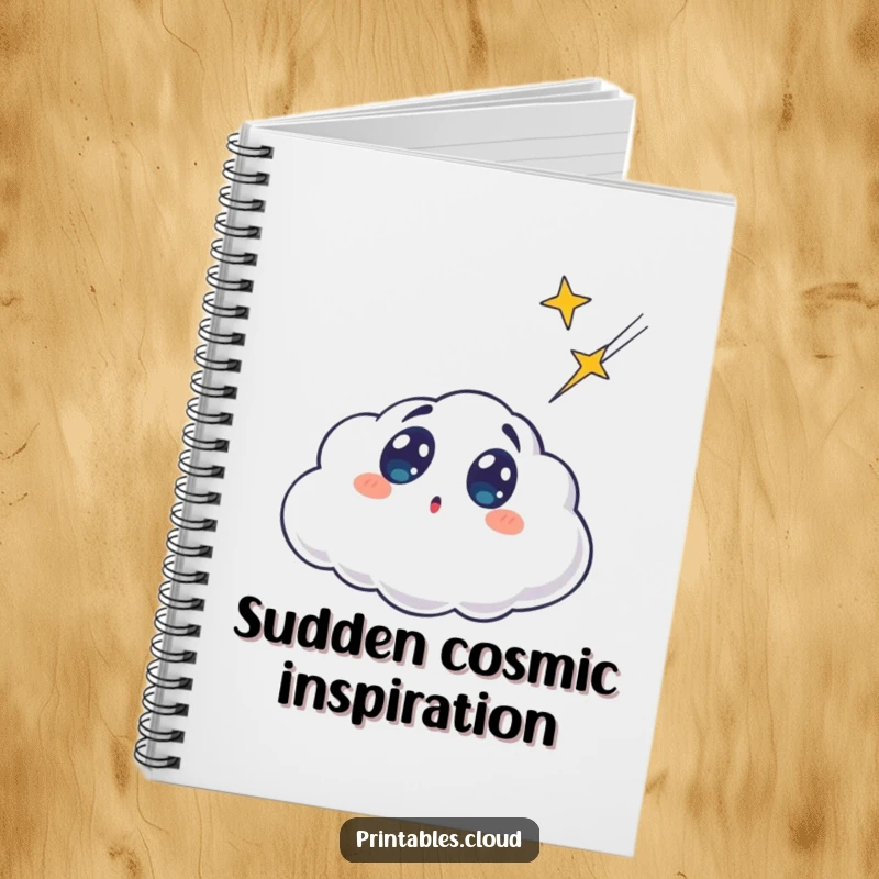 Funny surprised cloud character with wide eyes, observing a shooting star, in a notebook, for capturing creative thoughts humorously.