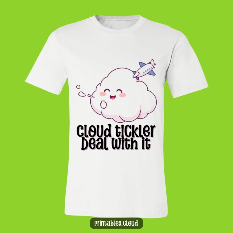 Funny Tickling Cloud T-Shirt: Giggling Character and Airplane Fun