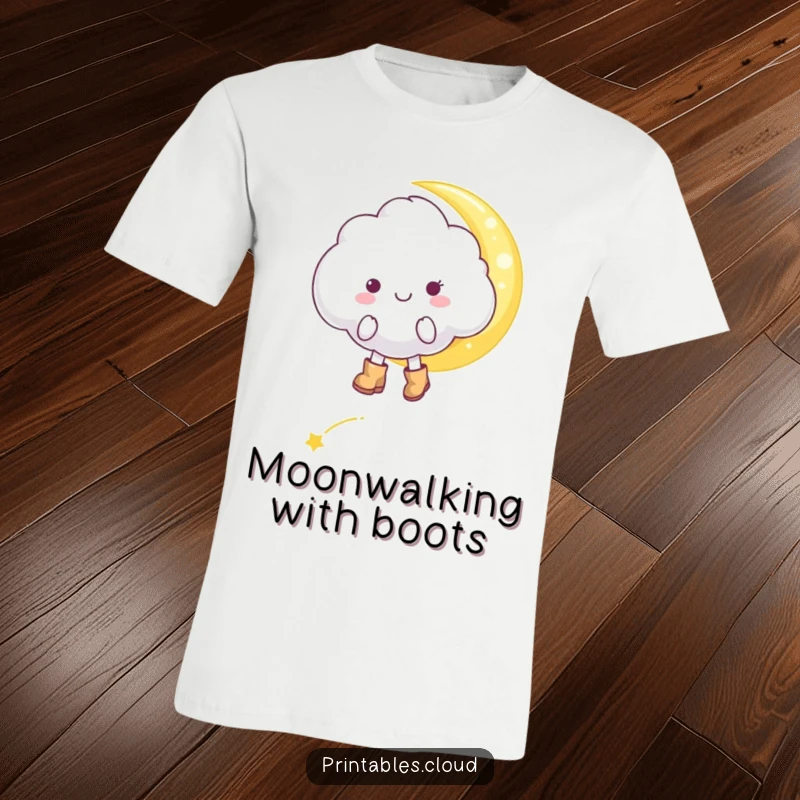 Funny cheerful cloud character, in tiny boots, tiptoeing on a moonbeam, on a comfortable t-shirt, a humorous celestial design.