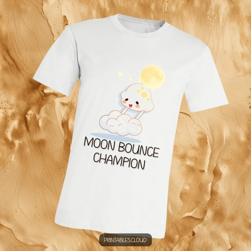Funny t-shirt featuring a happy cloud character bouncing the moon like a ball, perfect for spreading joy and laughter.