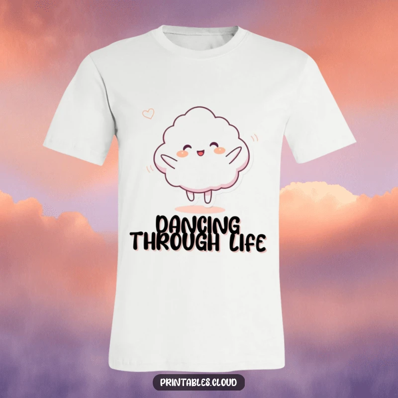 Funny t-shirt depicting a happy cloud character doing a silly dance in a gentle breeze, highlighting carefree joy and playful movement.
