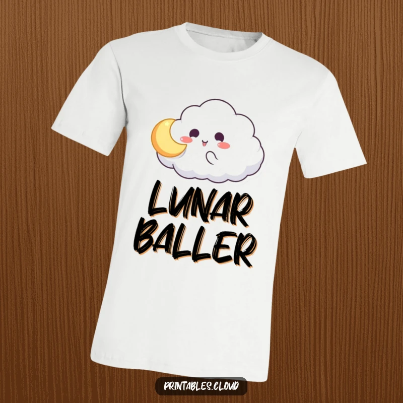 Funny t-shirt with a cloud character tossing a glowing moon, delightful celestial game, whimsical and humorous design for gift giving.