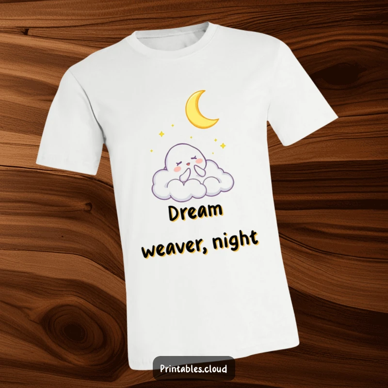 Funny t-shirt depicting a cute cloud character singing a lullaby to a smiling crescent moon, perfect for cozy comfort and dreamy vibes.