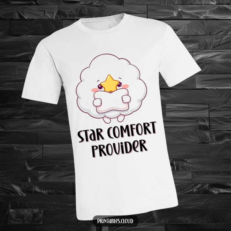 Funny t-shirt depicting a cheerful cloud offering a plush pillow to a twinkling star, highlighting themes of comfort and friendship.