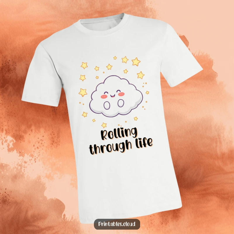 Funny T-Shirt: A happy cloud character giggles as it rolls through a beautiful, star-filled sky, embodying pure joy.