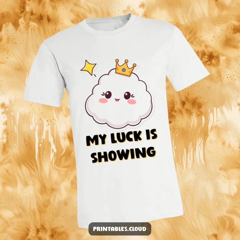 Funny t-shirt with a surprised, crowned cloud character looking up at a shooting star, symbolizing awe and wonder.