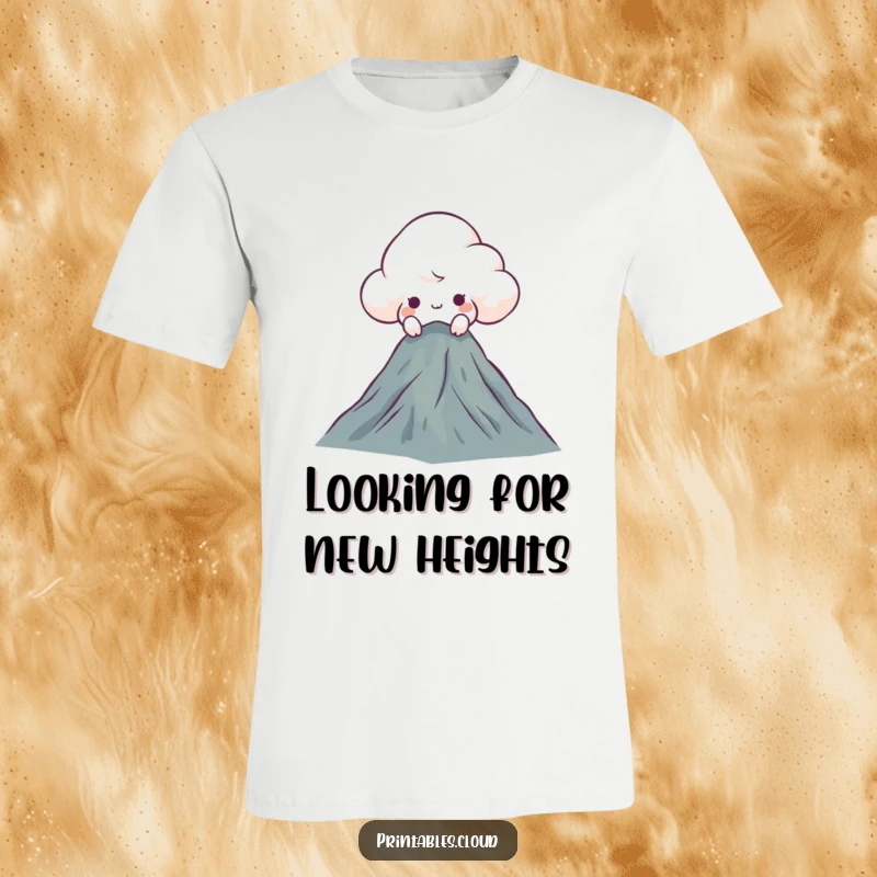 Funny curious cloud t-shirt, peeking over a mountain, illustrating exploration and a humorous sense of wonder.