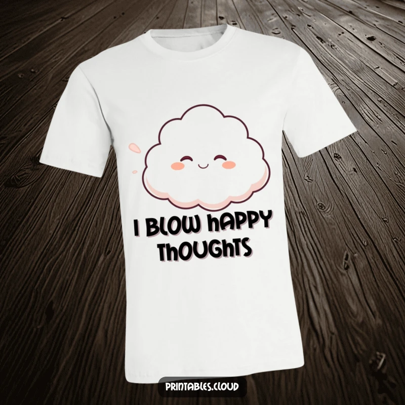 Funny giggling cloud t-shirt, blowing a fluffy breeze, conveying lighthearted joy and gentle humor in a wearable design.
