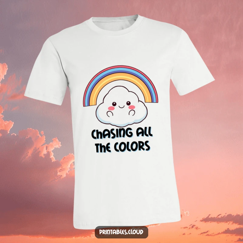 Funny happy cloud floating with rainbow arching over it t-shirt, cheerful design, vibrant humor, ideal funny gift.