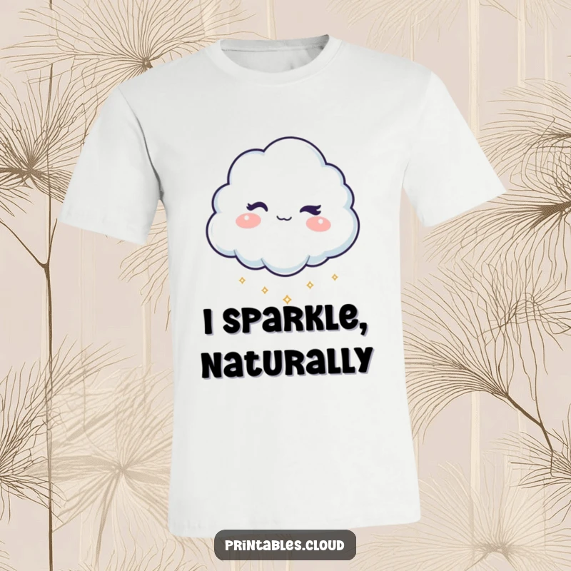 Funny t-shirt with a mischievous cloud character winking and showering down tiny, shimmering sparkles, full of playful energy.