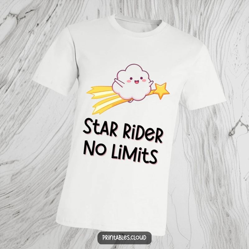 Funny T-Shirt: A happy cloud character rides a shooting star with arms spread wide, embodying cosmic joy.