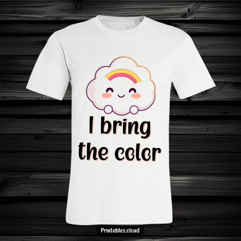 Funny t-shirt with a smiling cloud character holding out a soft, glowing rainbow, symbolizing hope, joy, and positivity.
