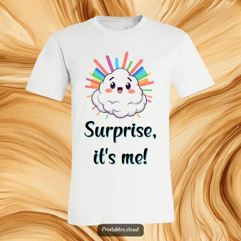 Funny t-shirt design of a surprised cloud character exploding with a brilliant rainbow, perfect for cheerful expression.