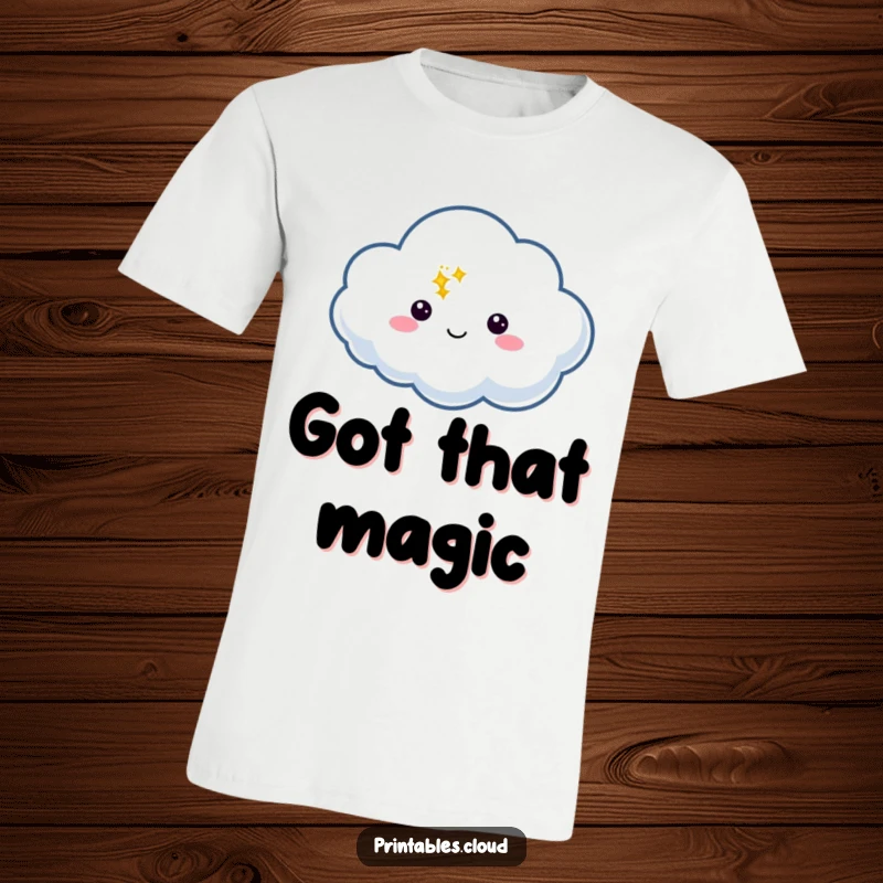 Funny T-Shirt showing a cloud character holding a speech bubble with a shining twinkle, representing inspiration.