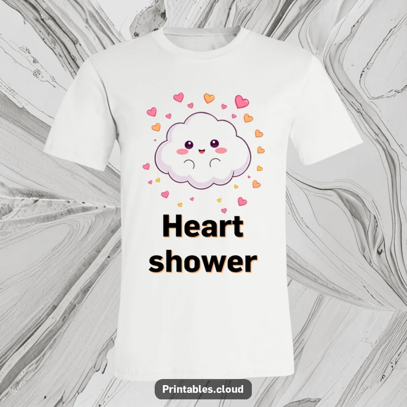 Funny T-Shirt: A fluffy cloud character joyfully rains small, colorful hearts, creating a sweet and humorous design.