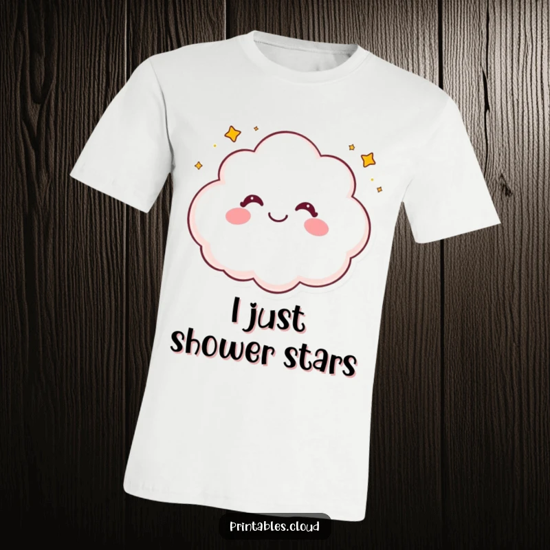Funny t-shirt showcasing a cheerful cloud character in mid-giggle, actively sprinkling a cascade of tiny, magical stars.