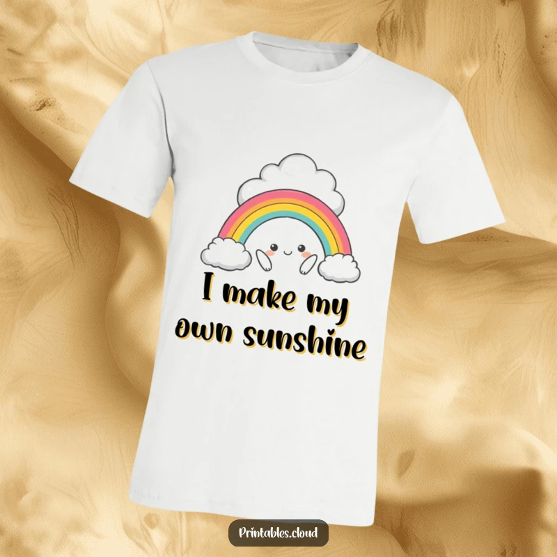 Funny t-shirt featuring a mischievous cloud character creating a tiny rainbow, embodying playful mischief and artistic flair.